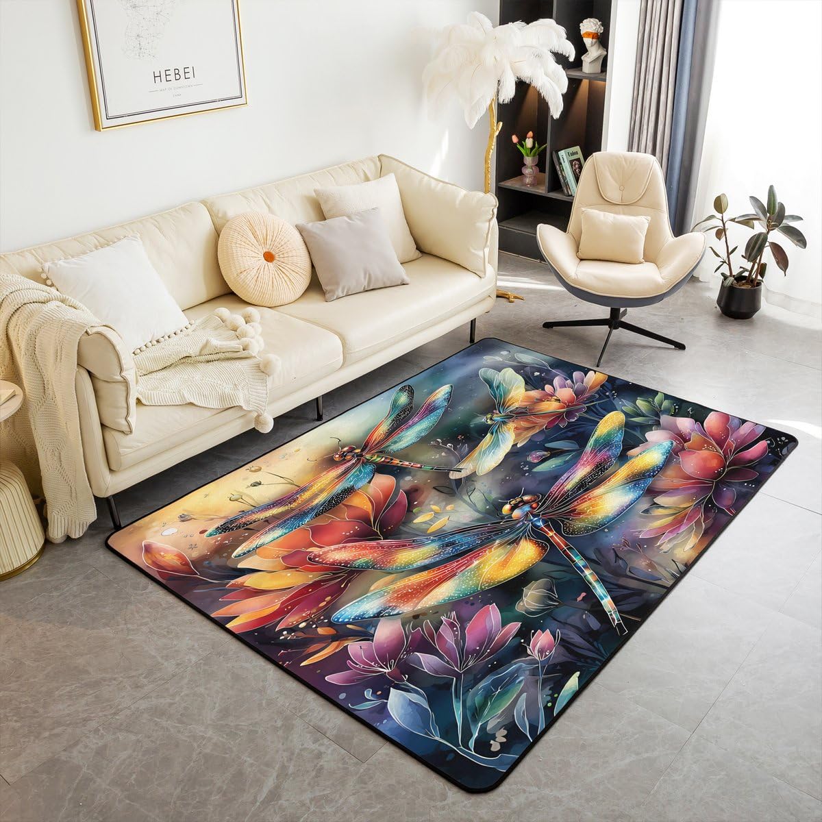 Dragonfly 5x7 Area Rug Colorful Flowers Living Room Rug (Red Orange Blue / 4'11" x 6'6" (Rectangular))