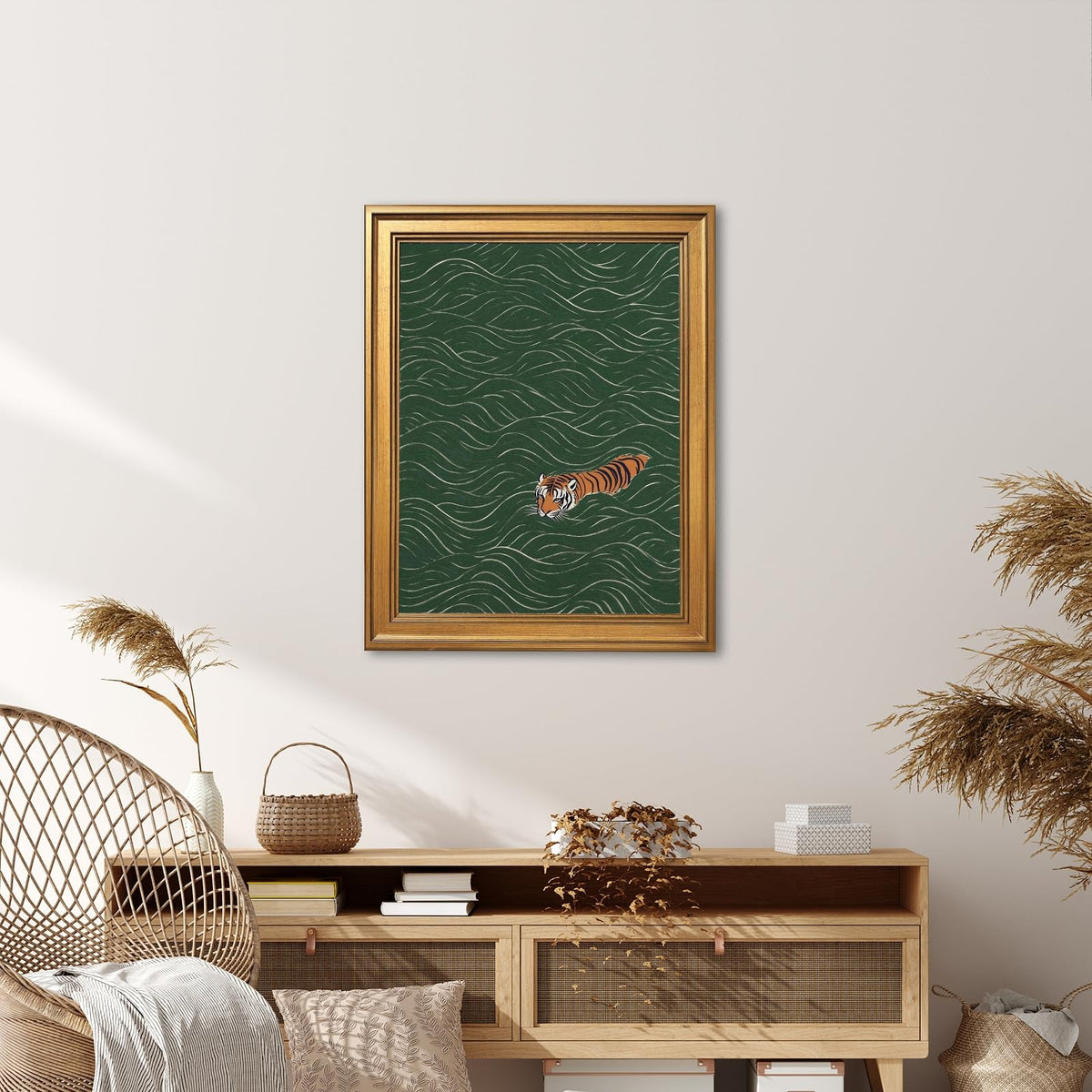 Framed Japanese Tiger Swimming Wall Art Ukiyo (12"L x 16"W / Style-3 Retro Gold Frame)