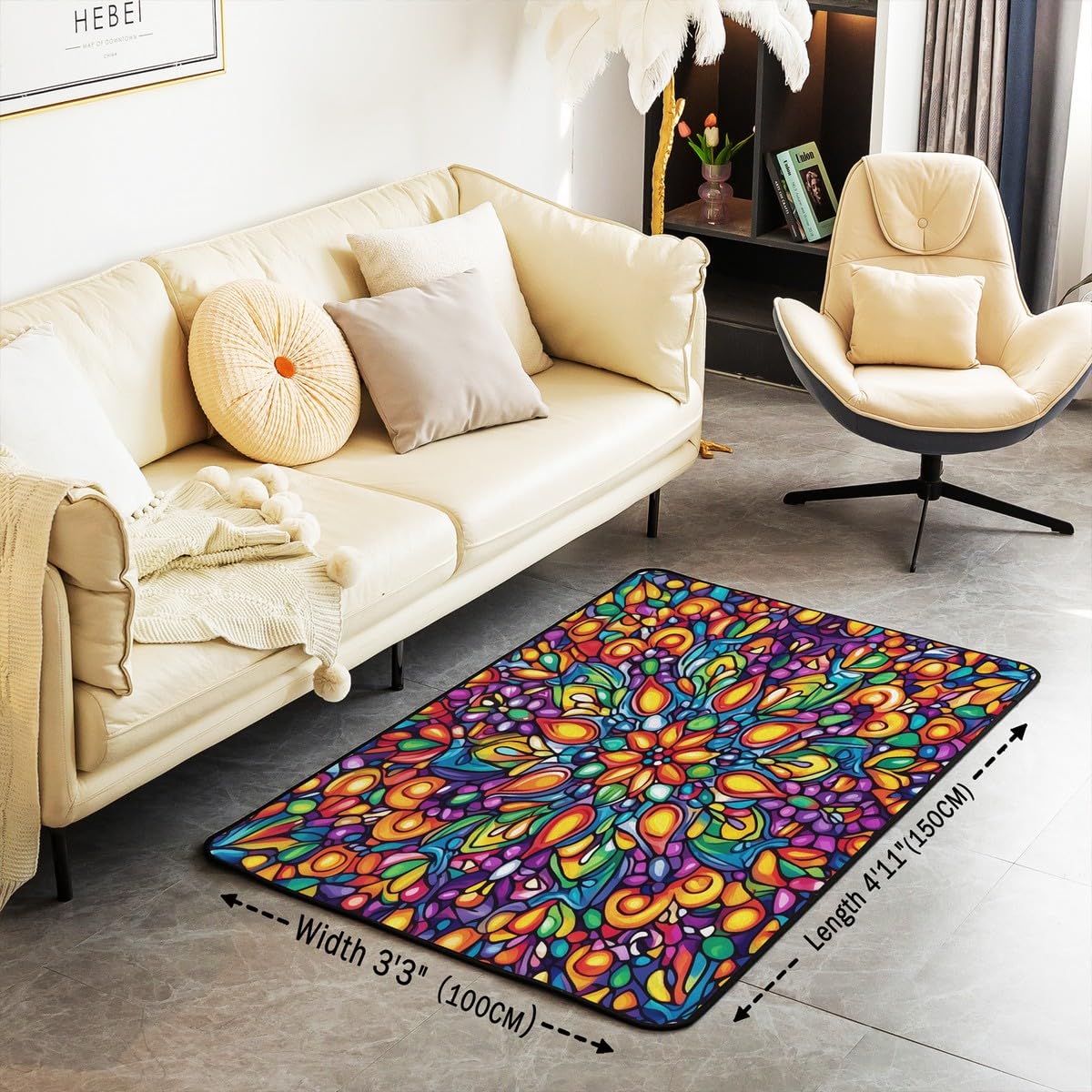 Vintage Mandala Area Rug 3x5 Bohemian Style Watercolor Flowers Rugs for Living Room (Orange Purple Green / 3'3" x 4'11" (Rectangular))