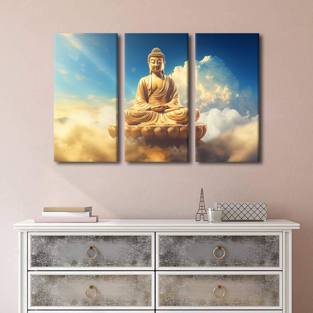 wall art decor for home modern 3 panel canvas poster Buddha statue the sky picture prints on canvas Buddhist believers living room home wall decor stretched and framed ready to hang 36x24 in (36x24 in / 3PANEL-17)