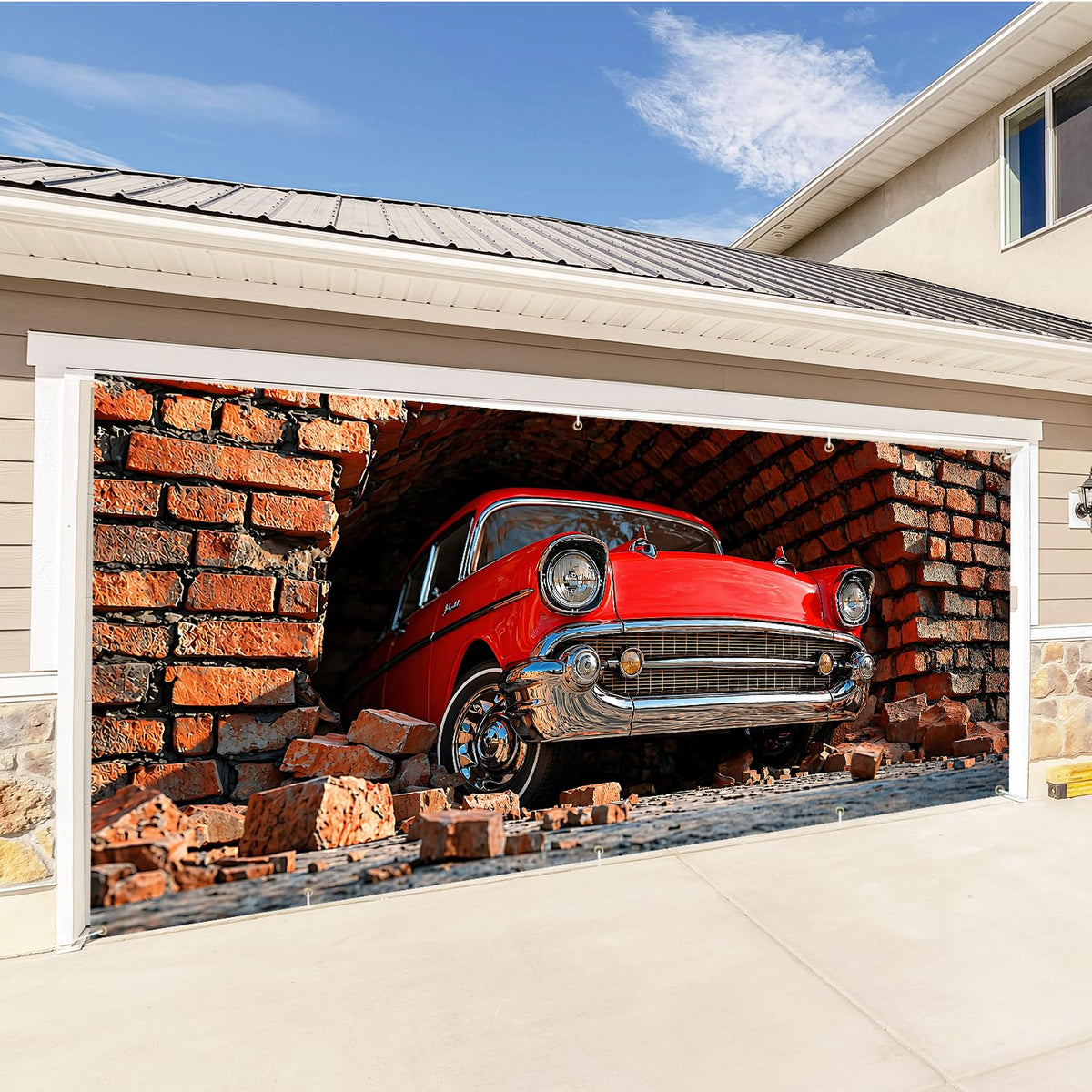 Red Classic Car Garage Door Banner Mural (204 / 7 x 16 ft)
