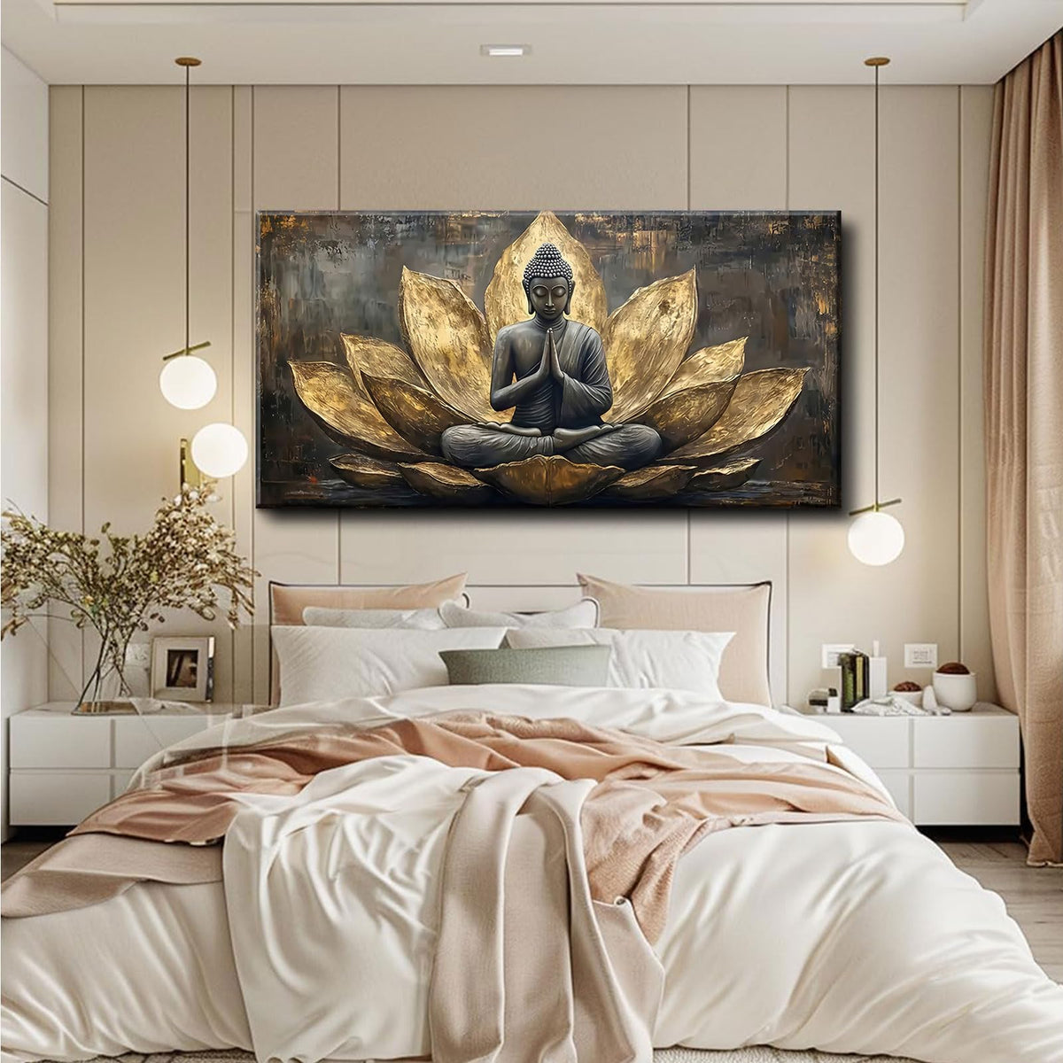 Large Buddha Lotus Canvas Wall Art Abstract Gold and Grey Zen Buddhism Decor painting Pictures Modern Serene Meditation Posters Prints for living room Bedroom Office Hallway Home Decoration (gold / 40"L x 20"W)