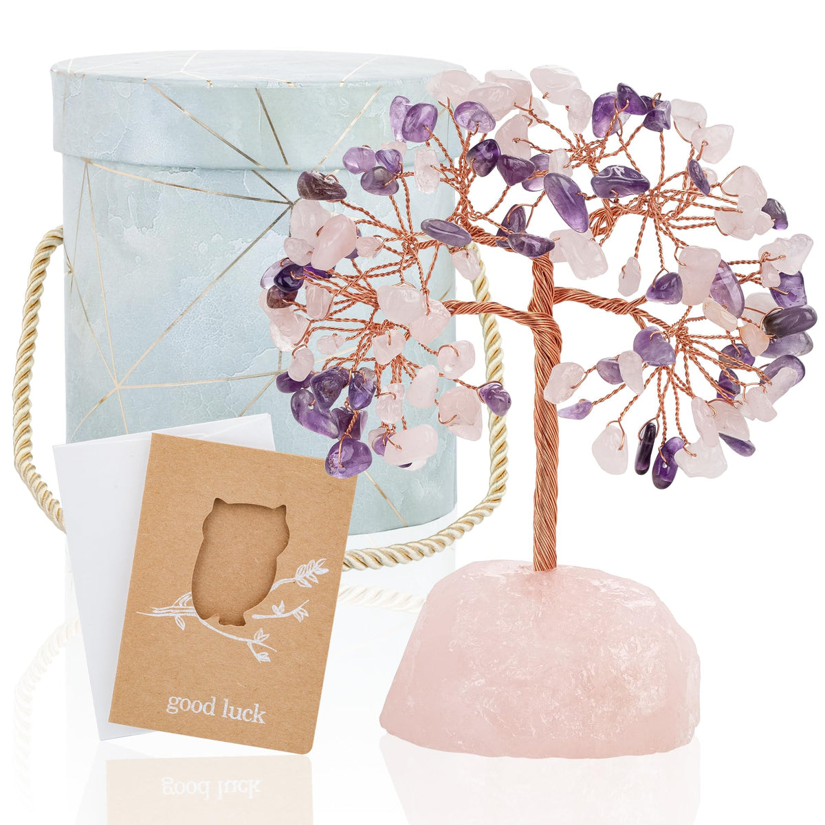 7 Chakra Healing Crystals Stones Tree of Life (Rose Quartz& Amethyst_stone Pedestal)