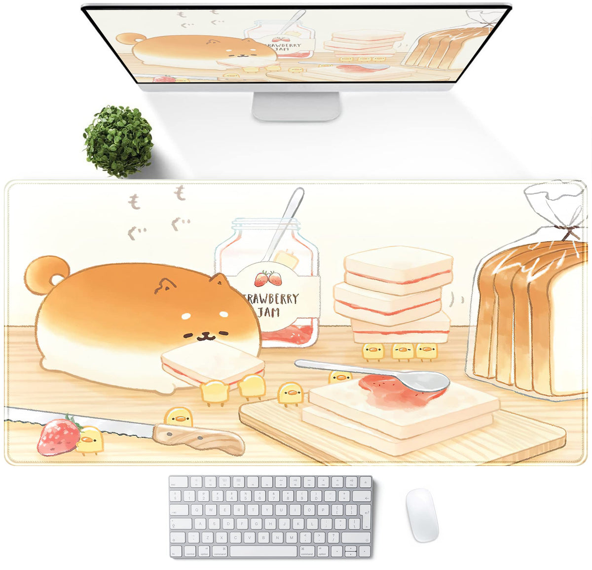 Cute Desk Mat Anime Cartoon Desk Pad Mouse Pad Kawaii Large Yellow Shiba Inu Gaming Mousepad XXL Laptop Keyboard Desktop Writing Pad Stitched Edge Desk Accessories for Girls Students 31.5''X15.7'' (Yellow Toast Bread)