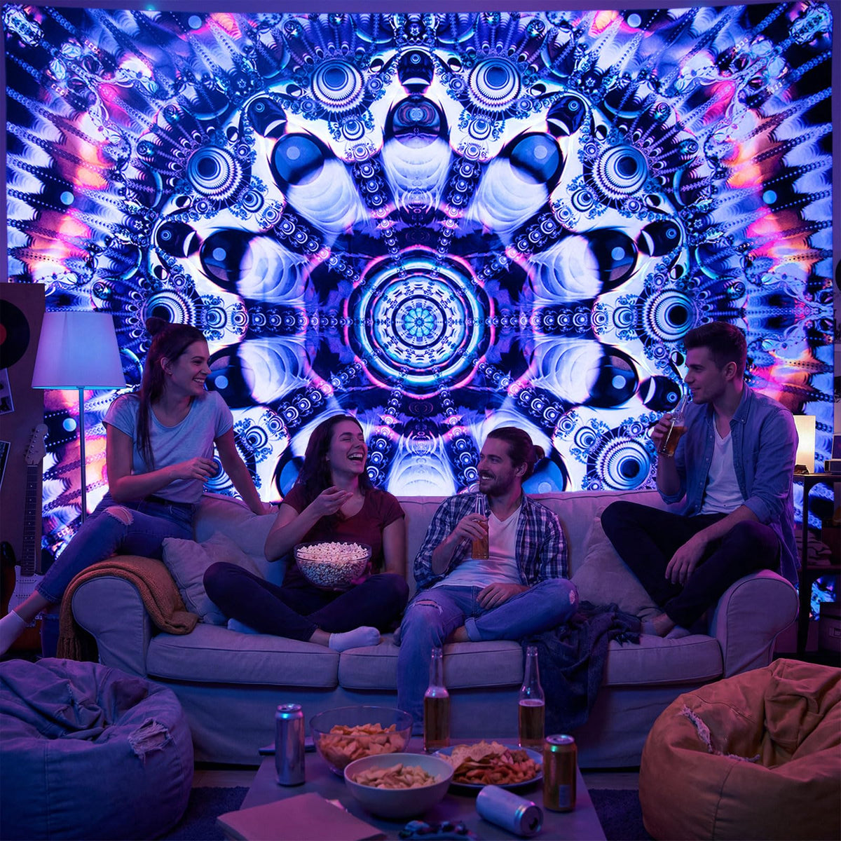 Blacklight Mandala Tapestry for Bedroom (Mandala Tapestry Blue / 59"L x 51"W)