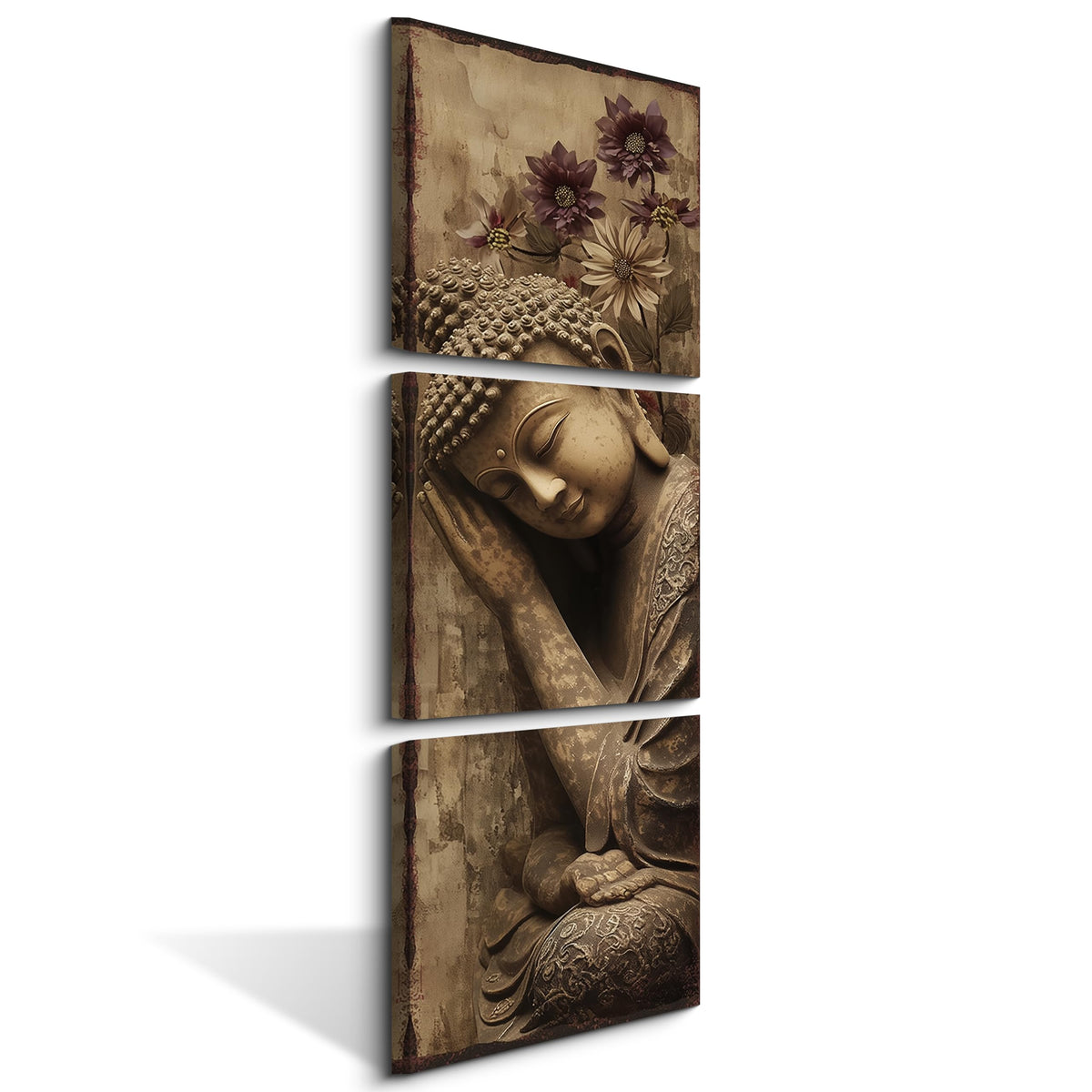3PCS Serene Sleeping Buddha Canvas Wall Art Print Meditating Buddha Statue with Purple Flowers Peaceful Zen Buddhist Spiritual Pictures for Bedroom Living Room Meditation Room Decor (12"L x 12"W / Sleeping Buddha)