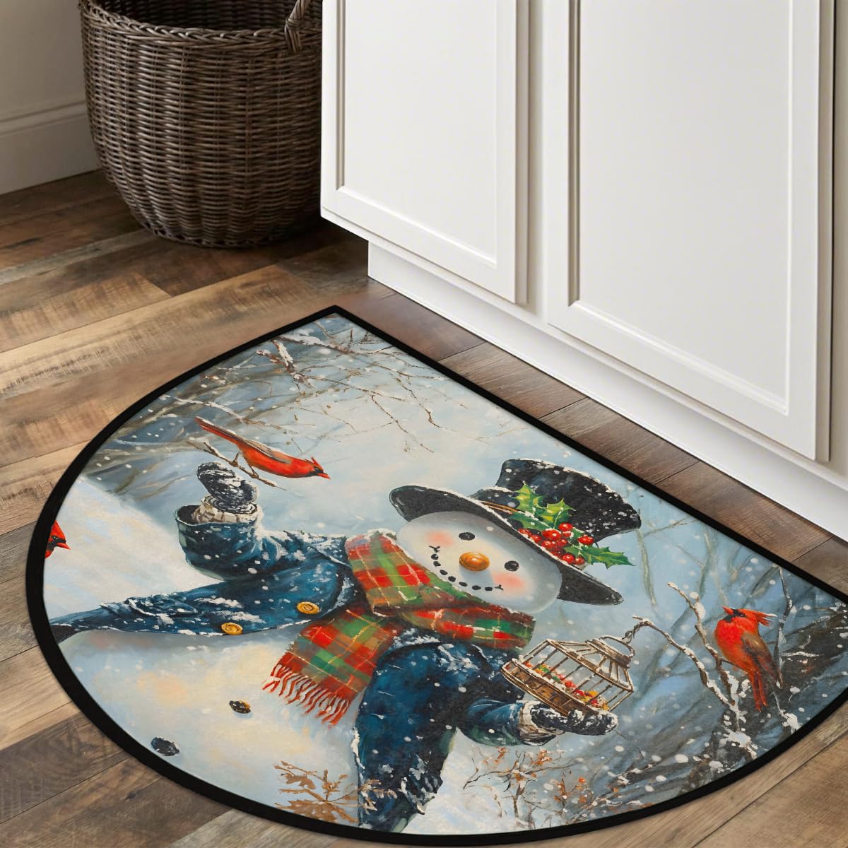 Half Round Door Mat Snowman Christmas Cardinal Non Slip Absorbent Semi Circle Area Rugs Washable Half Moon Floor Mats for Indoor Patio Kitchen Bathroom Entryway Fireplace Home Carpet Festival Decor (B:a-17)
