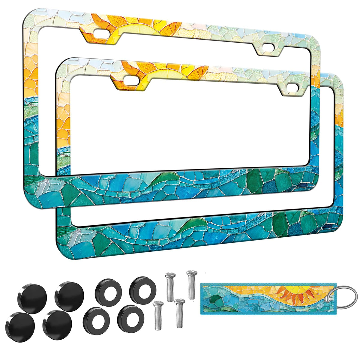Stained Glass Sunset Beach License Plate Frame Women 2Pc Car Tag (for Blue green Mosaic / 2 pack)