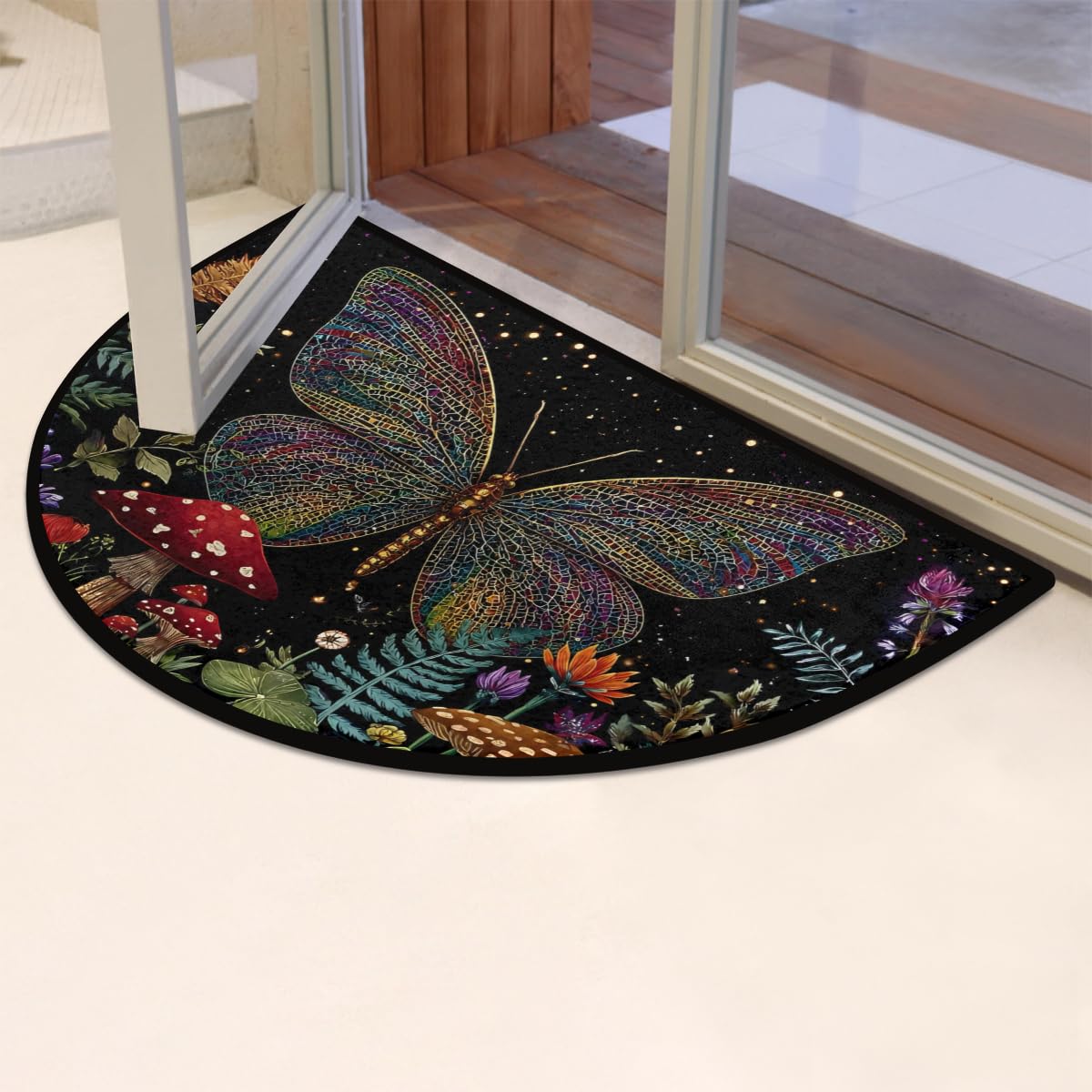 Boho Butterfly Mushroom Flower Ferns Half Round Door Mat Indoor Entrance Low Pile Non Slip Absorbent Semi Circle Welcome Mats Doormats 36x24 in Floor Mats for Home Kitchen (Boho Butterfly Mushroom Flower Ferns)