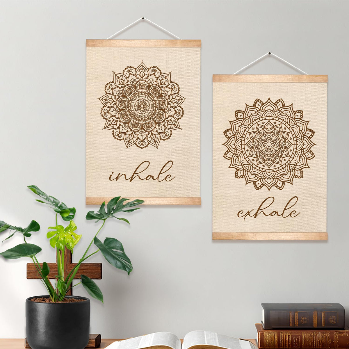 Boho Zen Wall Art Exhale&Inhale Inspirational Poster for Yoga Room Decor (Beige-2)