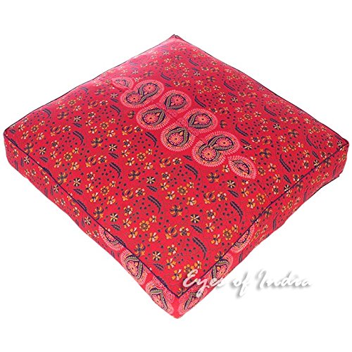 Mandala Floor Pillow Cover Meditation Cushion Seating Throw Hippie Round Colorful Decorative Bohemian Indian Pouf Ottoman Handmade Cover ONLY (35" x 35" (Pack of 1) / Red)