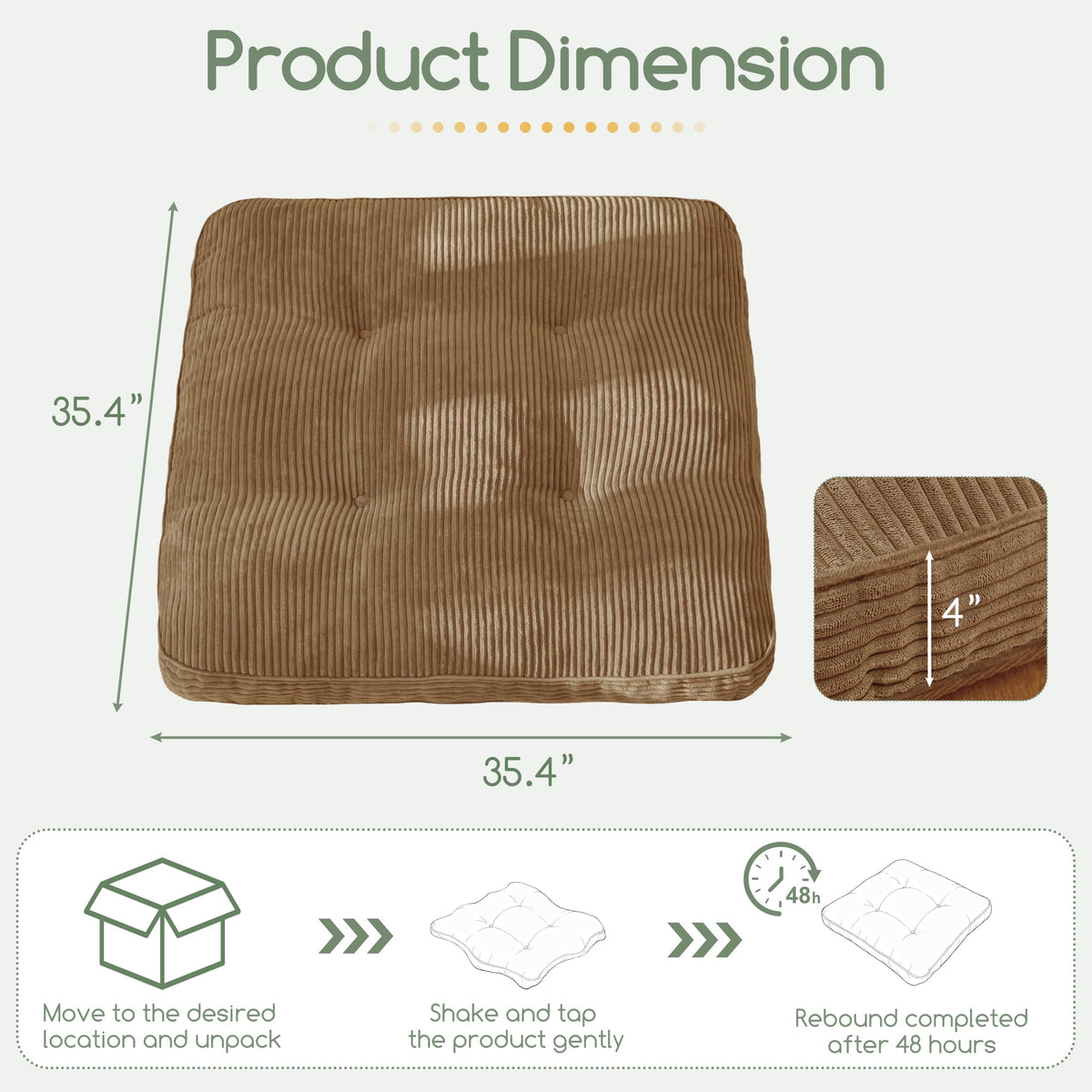 35" Floor Pillow Cushion for Adults (Coffee / 4" Thick Square)