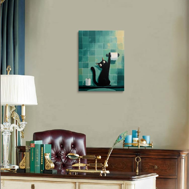 Black Cat Bathroom Wall Art Canvas Print (Cat scratch paper / 16"L x 12"W)