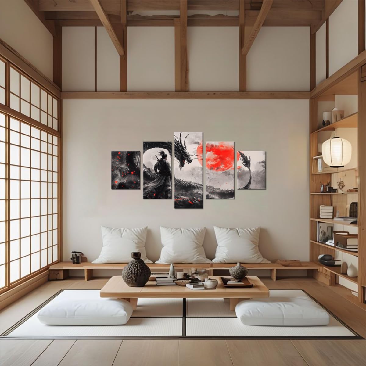 Japaneses Samurai Bedroom Wall Art Dragon Pictures Wall Decor Black and White Asian Warrior Artwork Red Sun Canvas Prints for Bathroom Office Living Room Bushido Poster Framed 5 Pieces 60''W x 40''H (60"Wx40"H / Samurai 5P-22)