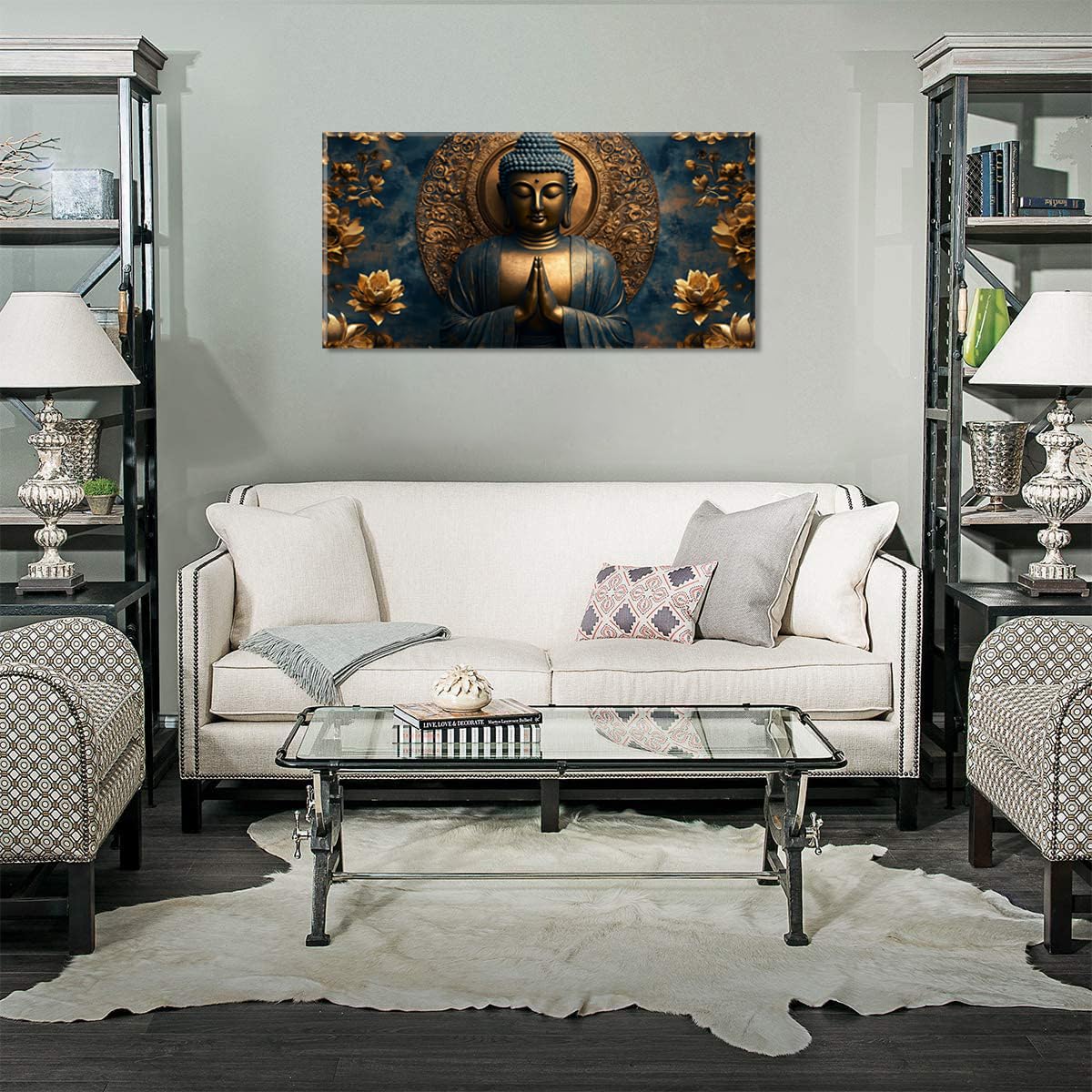 Zen Brown and Gold Buddha Wall Art for Living Room Office Religion Art Deco Blue Background Painting Prints Fantasy Canvas Artwork Over the Couch Bedroom Decor Extra Large (58"L x 28"W / Brown and Gold Wall Art (K871))