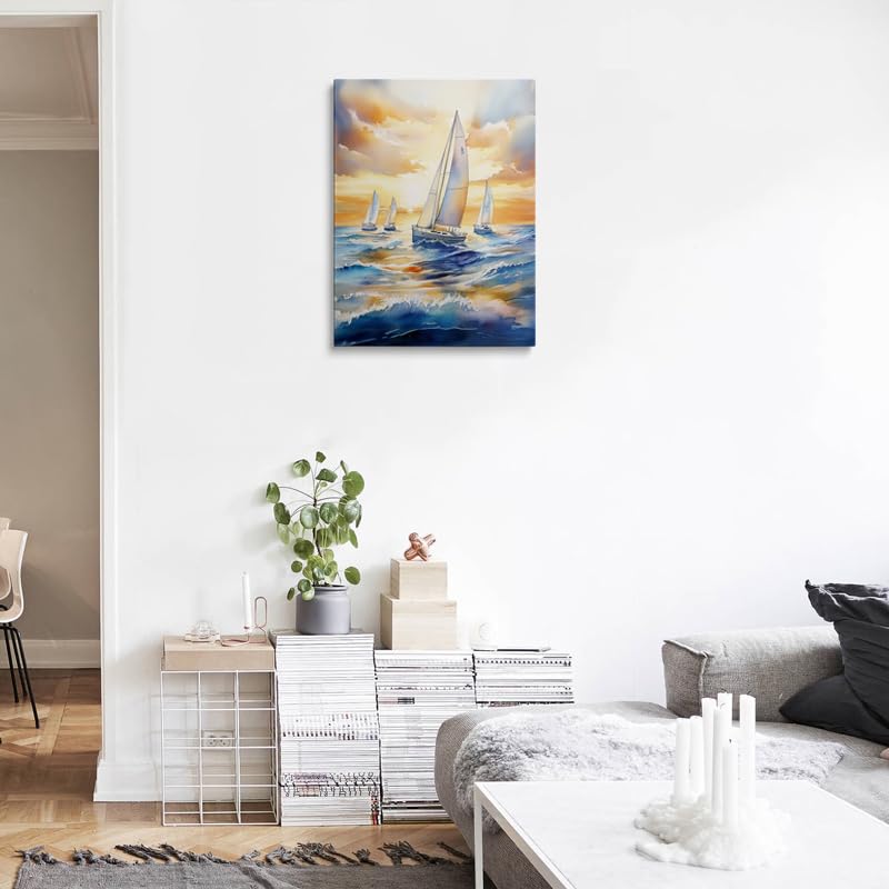 Sunset Sailboats Ocean Watercolor Canvas Wall Art Framed Painting Seascape Wall Decor Artwork Print Poster Calming Peaceful Blue Waves Golden Sky Coastal for Bathroom Living Room Bedroom 16x24 Inches (sailboat / 24"L x 16"W)