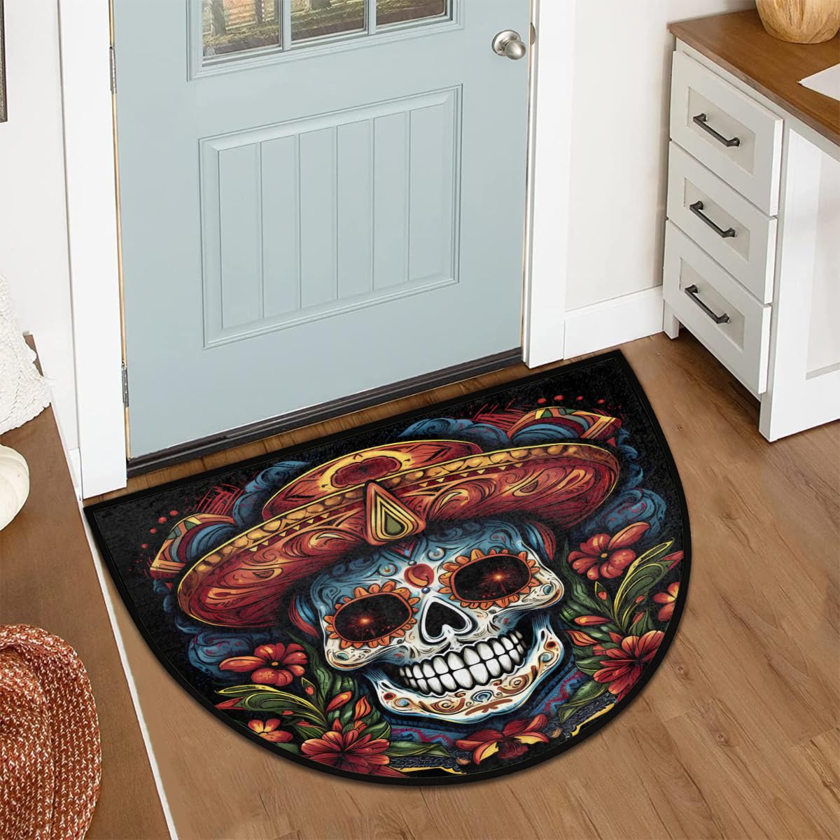 Skull Half Round Doormat Washable Semi Circle Rug Kitchen Outdoor Rugs (A07skull Halloween)