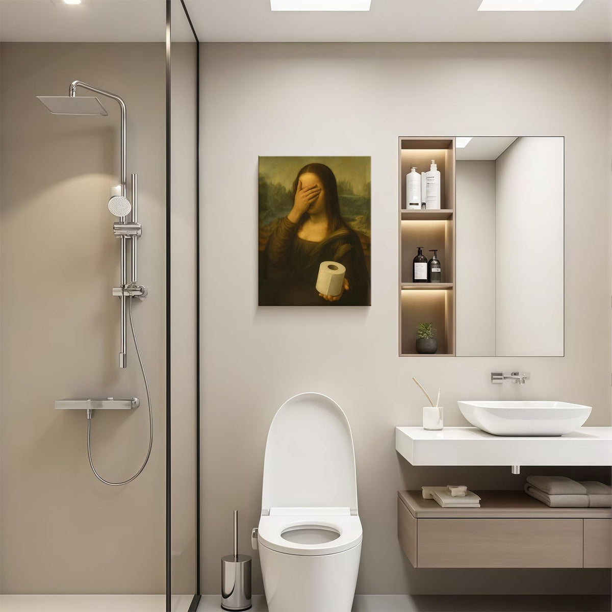 Funny Mona Lisa Bathroom Canvas Wall Art Parody World Famous Paintings Poster Print Modern Bathroom Paintings Humor Painting Gallery Wrap Bathroom Wall Decor Framed 12x16 Inch Ready to Hang (Funny Mona Lisa-2 / 12"L x 16"W)