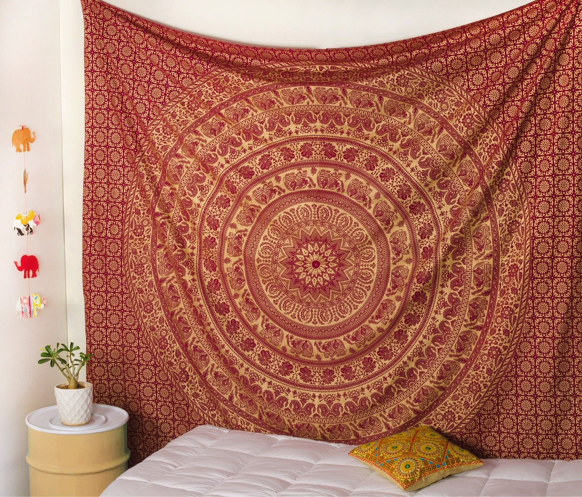 Wall Hanging for Bedroom Hippie Mandala Bohemian Indian Magical Thinking Tapestries Dorm Decor Metallic Shine tapestries (90.6"L x 84.7"W / Maroon and Gold)