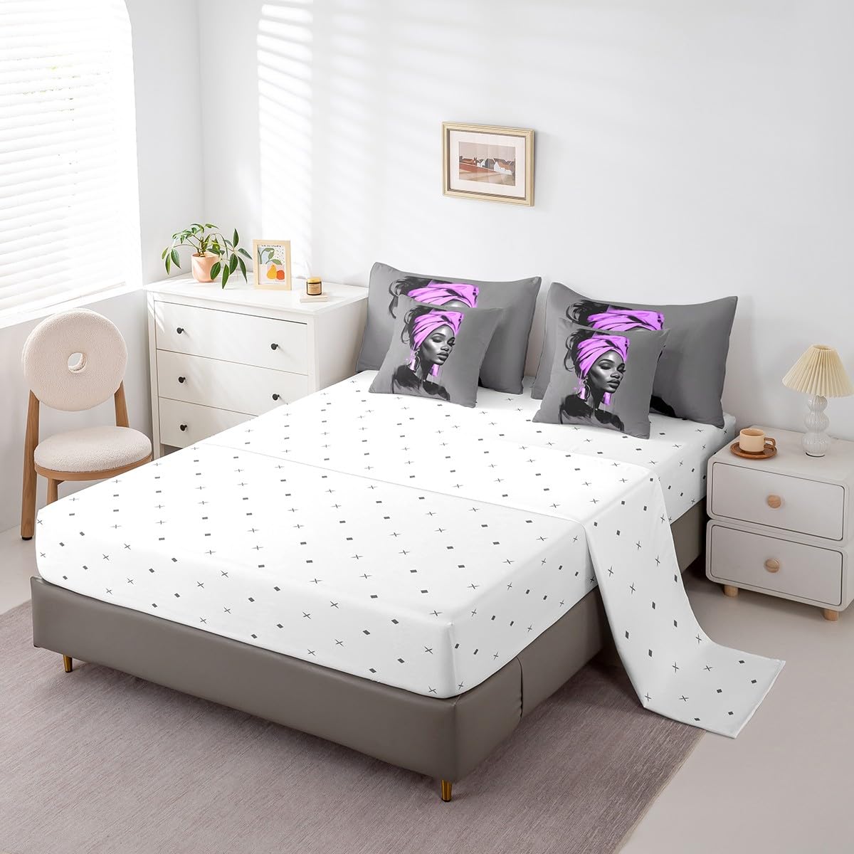 Black Women Comforter Set with Sheets Full Size African American Woman 7 Piece Bedding Set All Season Teens Purple Abstract Bed in A Bag Breathable Soft Lightweight Modern Room Decor (Light Gray Purple / Full)