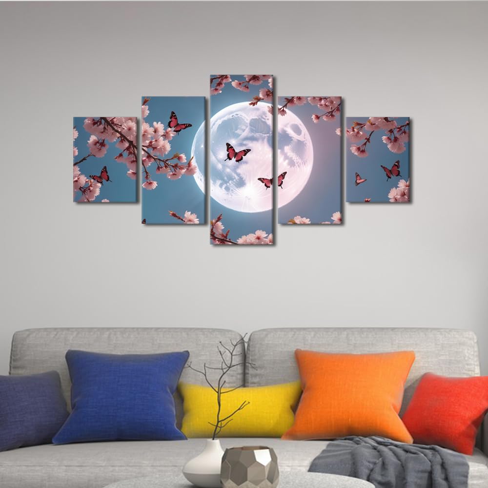 Wall Art Canvas Print Celestial Cherry Blossoms Under Full Moon Framed Artwork Romantic Spring Painting Modern Asian Decor Living Room Wall Display Botanical Home Accent 60" Wx32 H‌ (60''Wx32''H / Artwork-09)