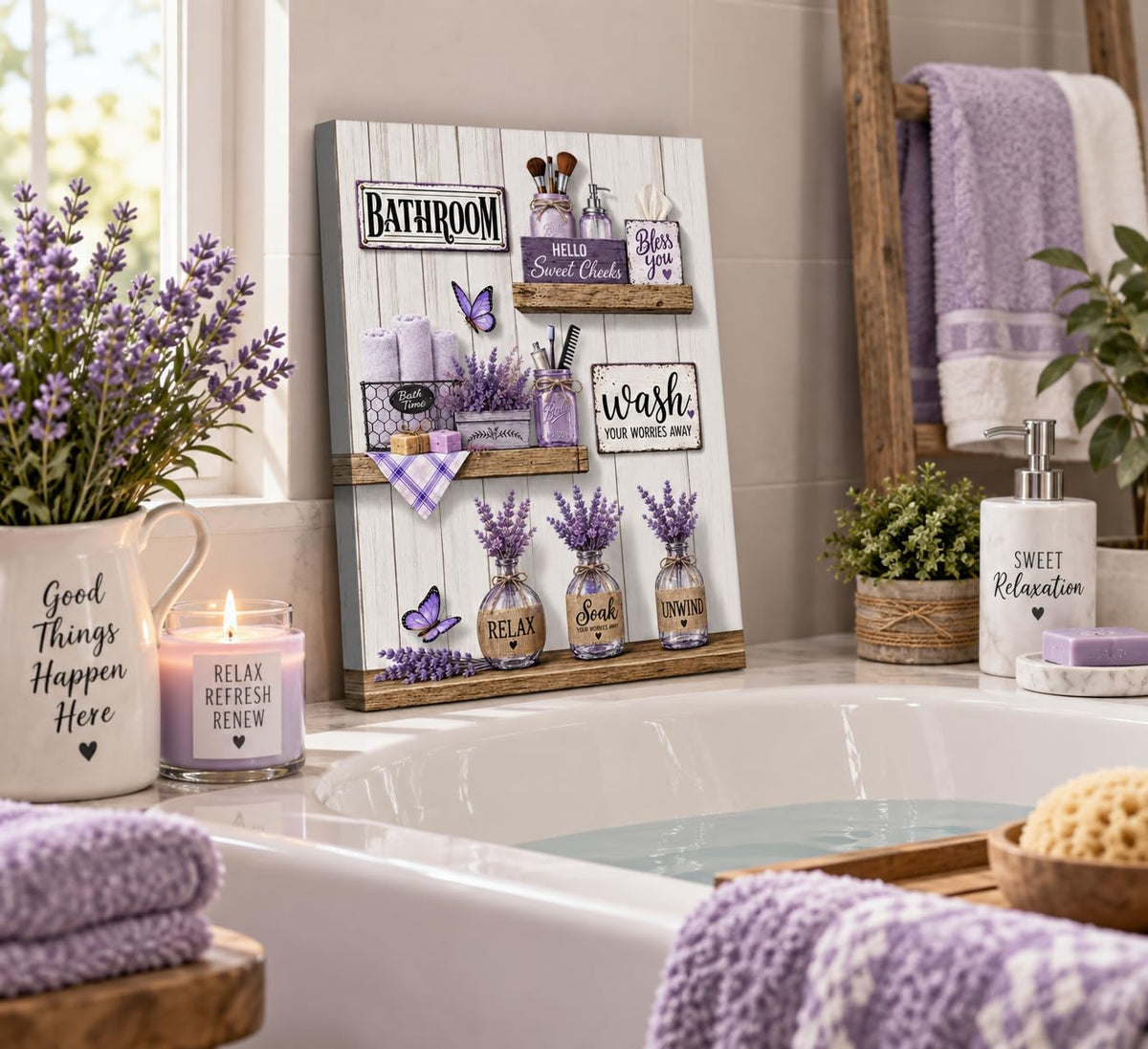 Purple Bathroom Canvas Wall Art 16x24Inches (Purple Canvas / 24"L x 16"W)