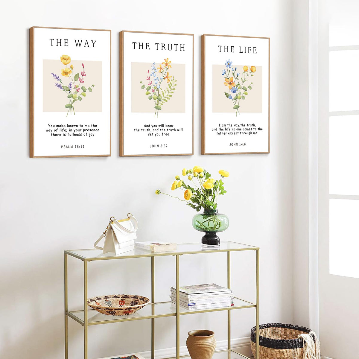 Bible Verse Floral Framed Canvas Wall Art Set (The Way Floral / 24"L x 36"W)