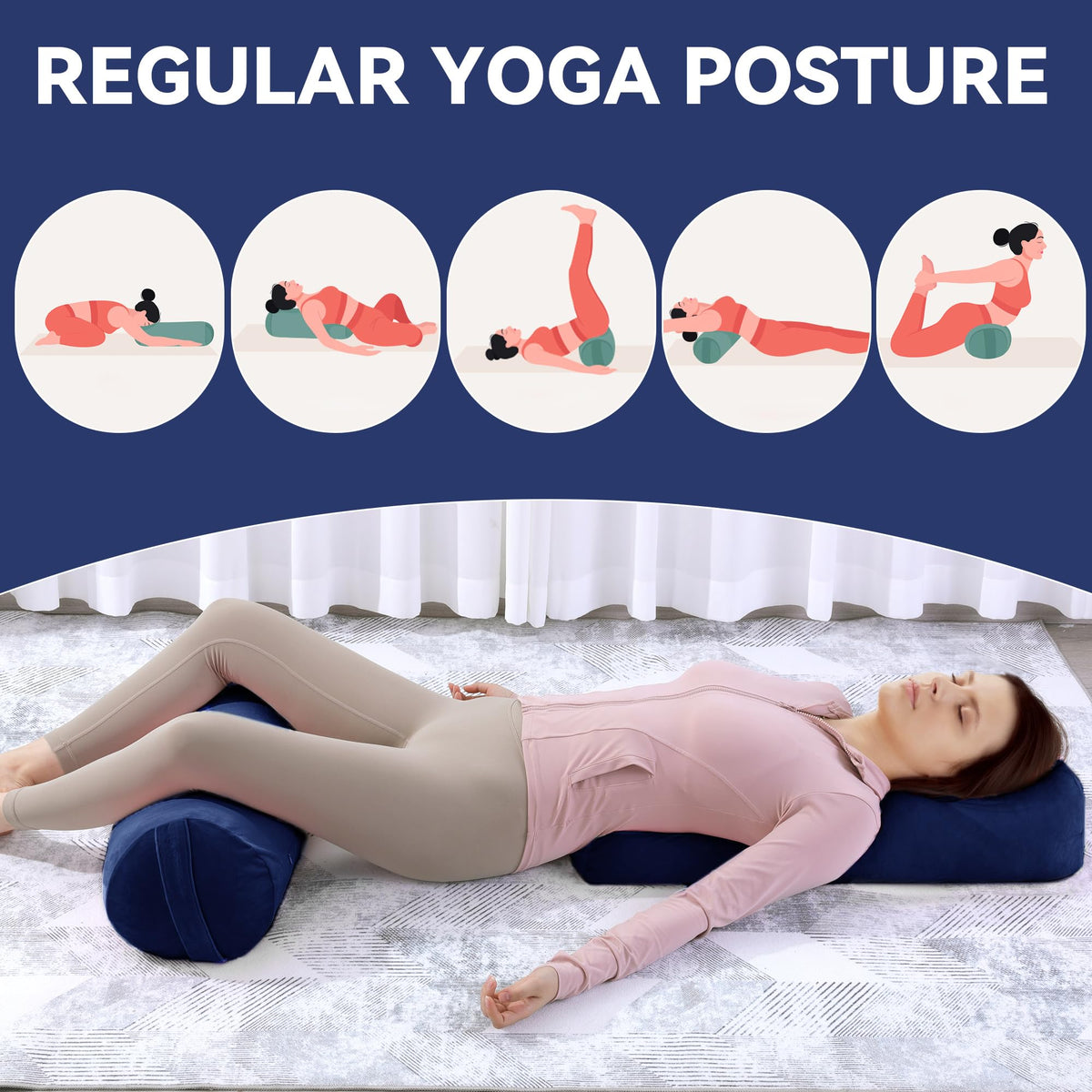 2 Pcs Yoga Bolster Pillow for Restorative Yoga (Dark Blue)