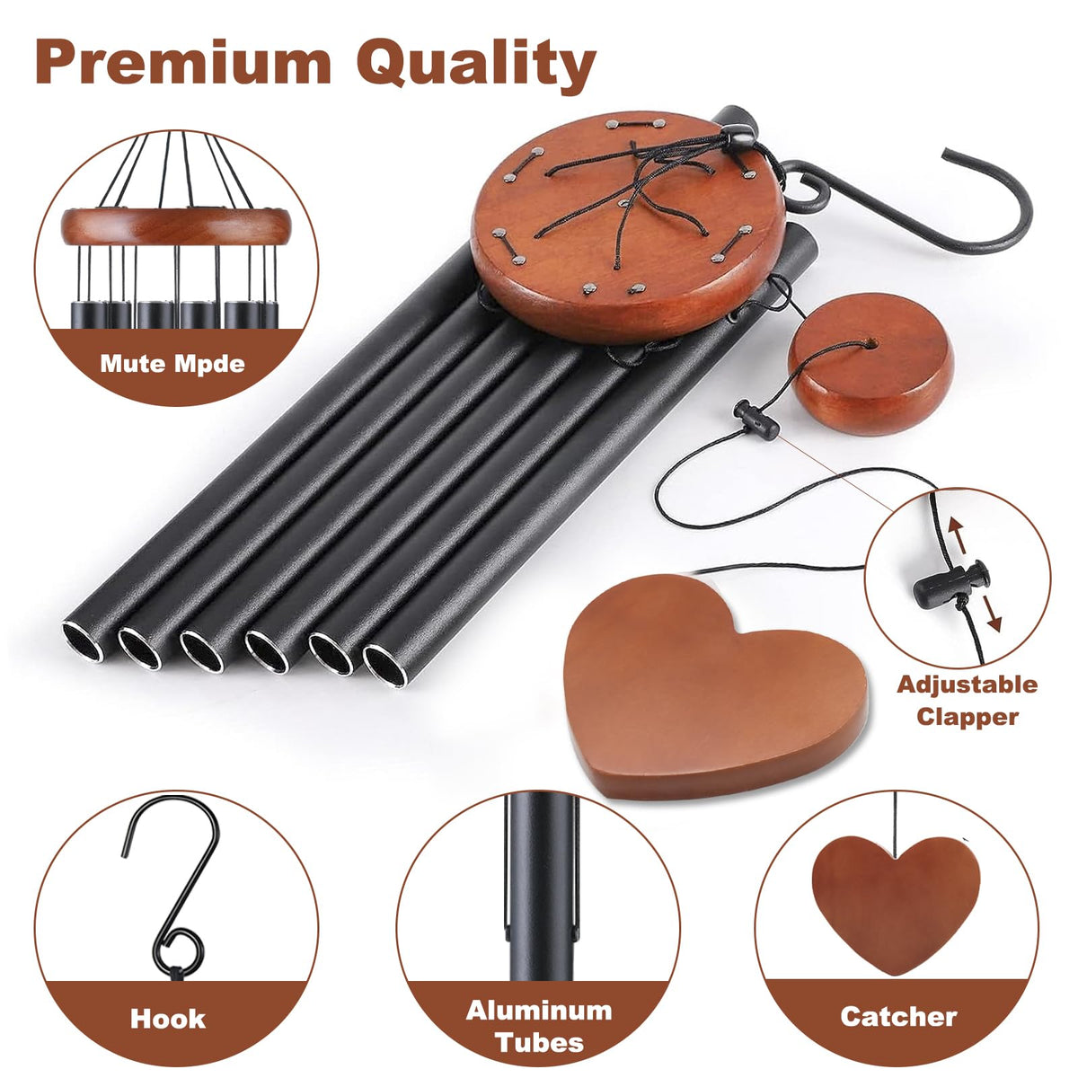 Black Metal Wind Chimes Outdoor Large (Black - Heart Shape Design)