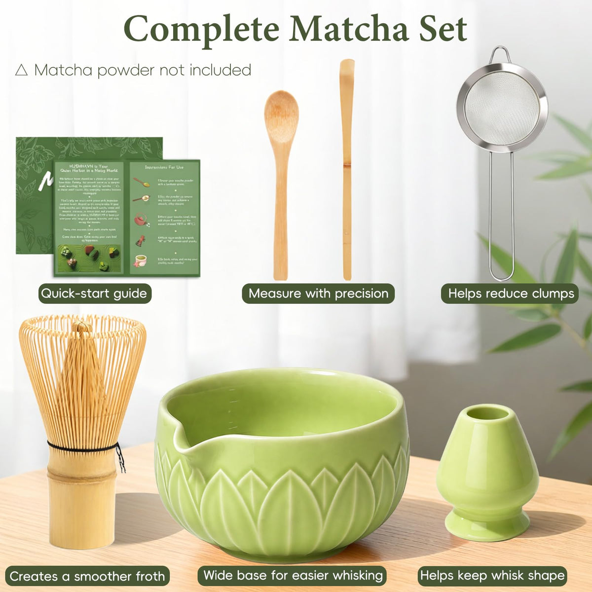 Matcha Whisk Set with Ceramic Bowl & Bamboo Chasen (Leaf Green)