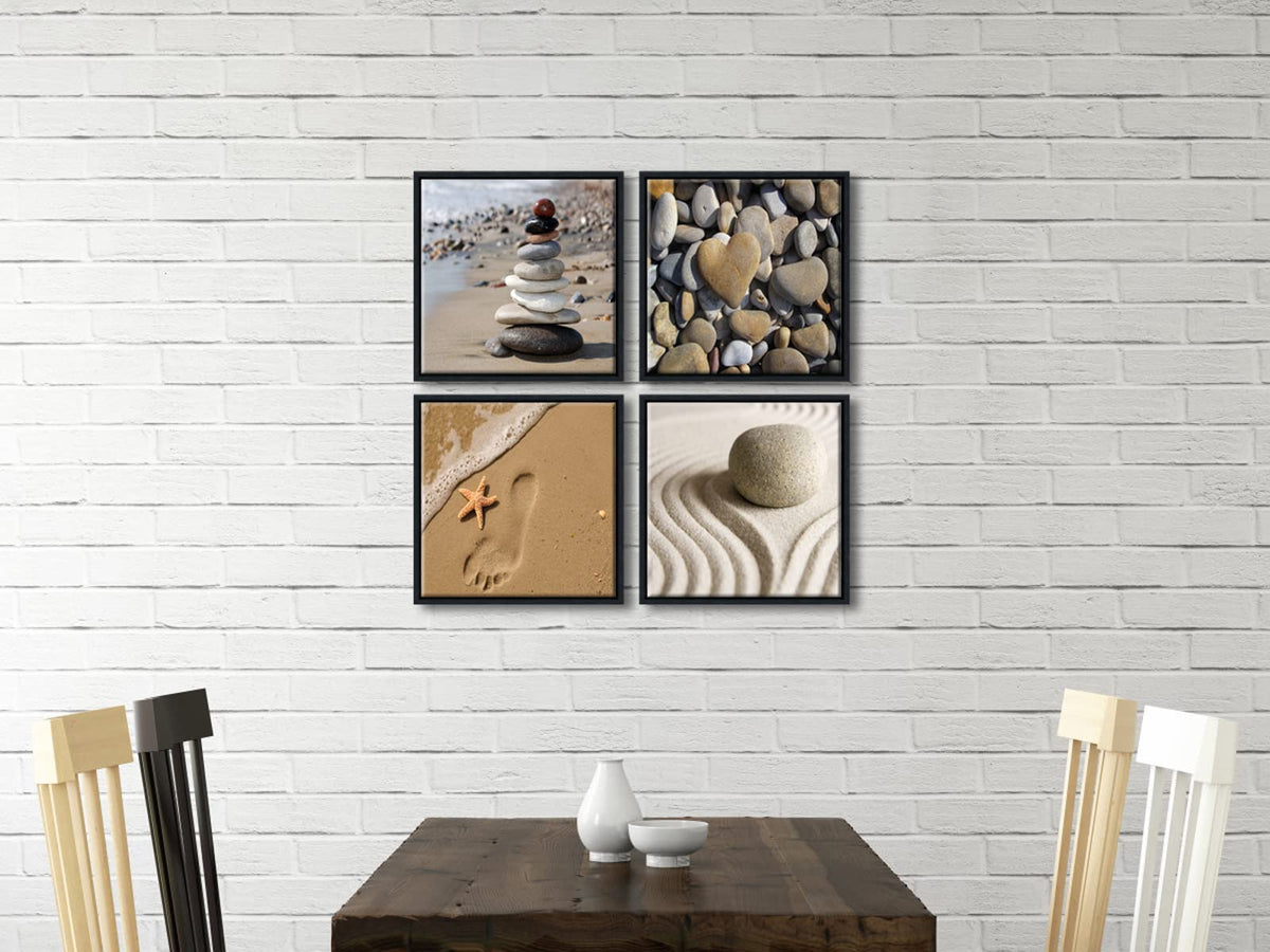 4 Pieces Black Framed Romantic Beach & Ocean Canvas Prints (12x12inchx4pcs (Framed))
