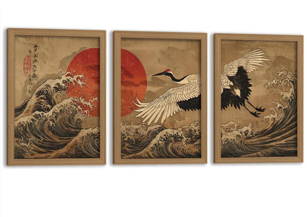 Framed 3Pcs Japanese Style Canvas Wall Art Crane Red Sun Wave Decor (white wild goose / 16"L x 12"W)