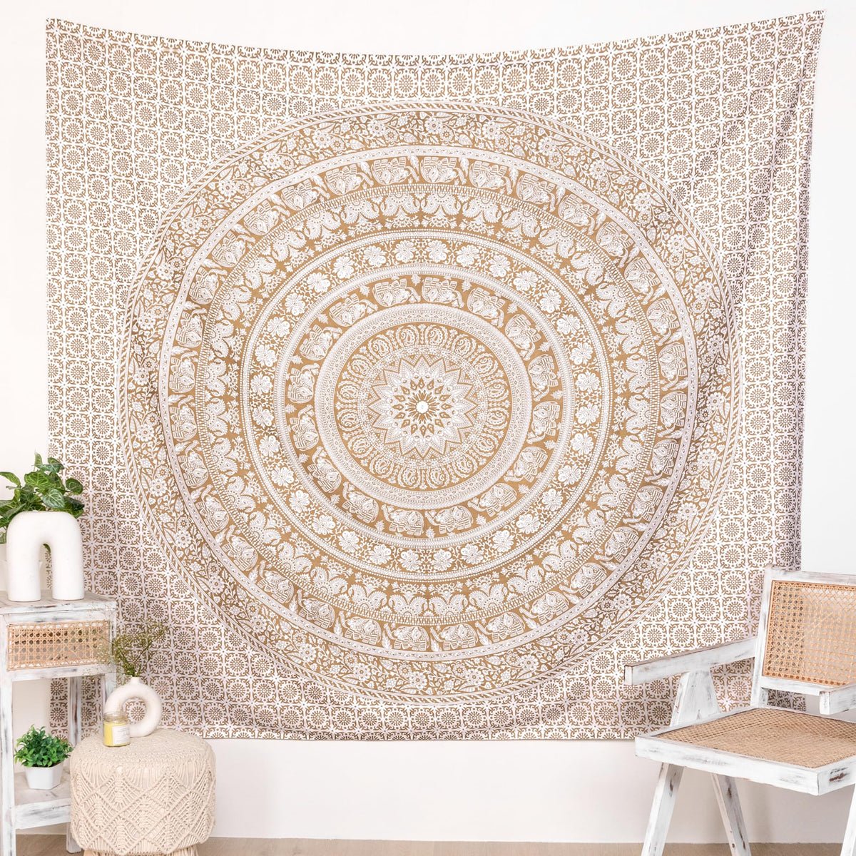 King Size Mandala Tapestry Golden for Bedroom and Living Room Wall Hanging Cotton Tapestries 90 x 108 Inches (Golden / 90"L x 108"W)