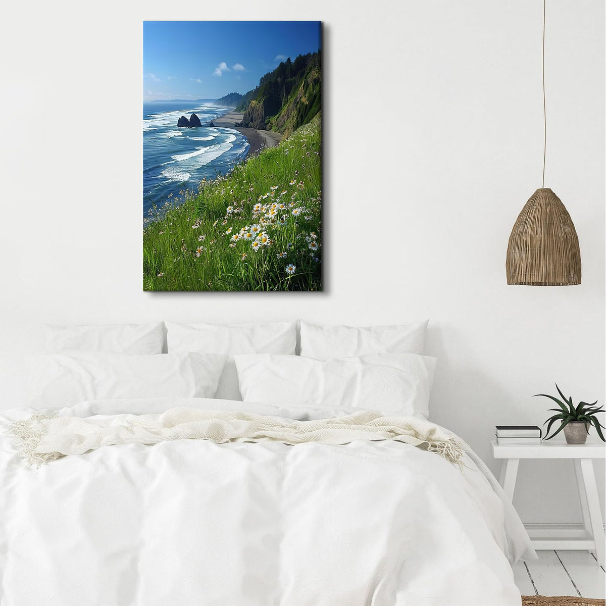Beach Wall Art Coastal Wall Decor Daisy Flowers Pictures Mountain Cliffs Canvas Prints Blue Ocean Wave Scenery Poster Nature Seascape Painting Artwork for Bedroom Living Room Home Decoration 32x48" (48"L x 32"W / Seaside Cliffs)