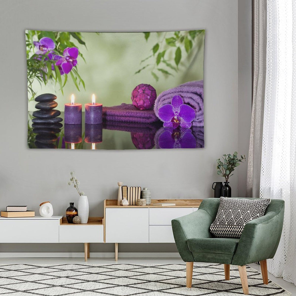 Spa Zen Tapestry Wall Hanging Asian Stones Purple Candles Orchids Bloom Aromatic Tapestries Home Decor for Living Room Bedroom Farmhouse Kitchen Dorm 40"x60" (40"L x 60"W / Zen-5)