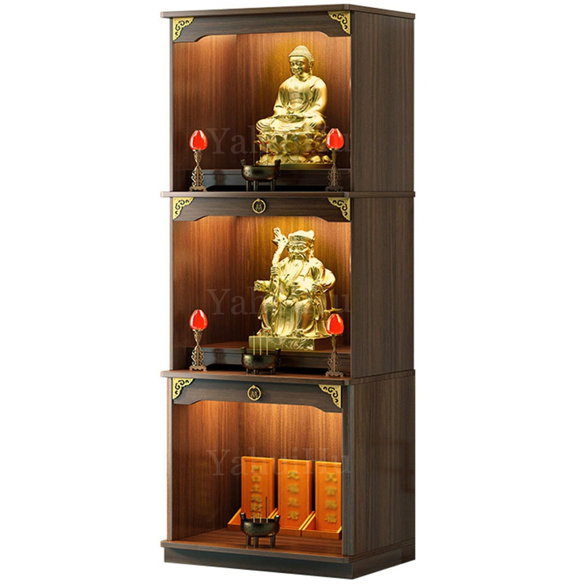 Multifunction Meditation Altar Table with Drawer and Shelf (Walnut(open) / 32"Lx18"Wx78"H)