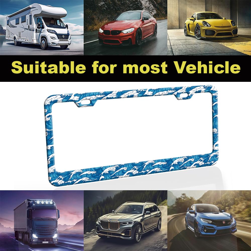 Blue Ocean Wave License Plate Frame for Women 2Pc Car Tag (for blue ocean wave / 2 pack)
