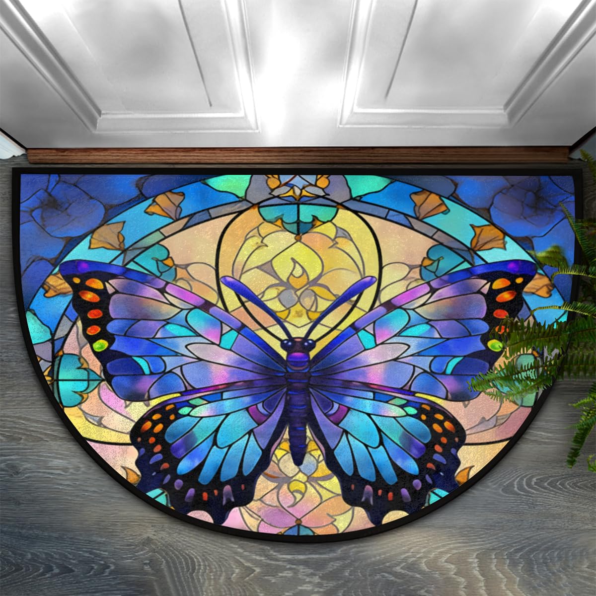 Butterfly Half Round Doormat Non Slip Half Moon Rug Outdoor Welcome Mat (B 011)