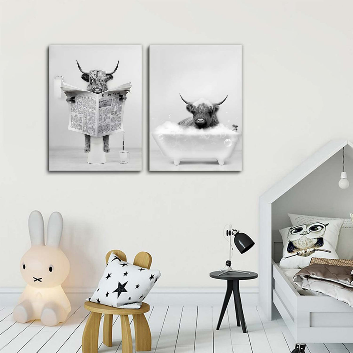 Funny Highland Cow Bathroom Wall Art Farmhouse Animal Canvas Prints Decor (cow wall art / 24"L x 16"W)