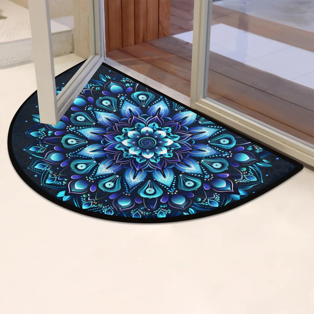 Mandala Blue Half Round Door Mat Semi Moon Rug Fireplace Carpet Area Rugs (A:a-13)
