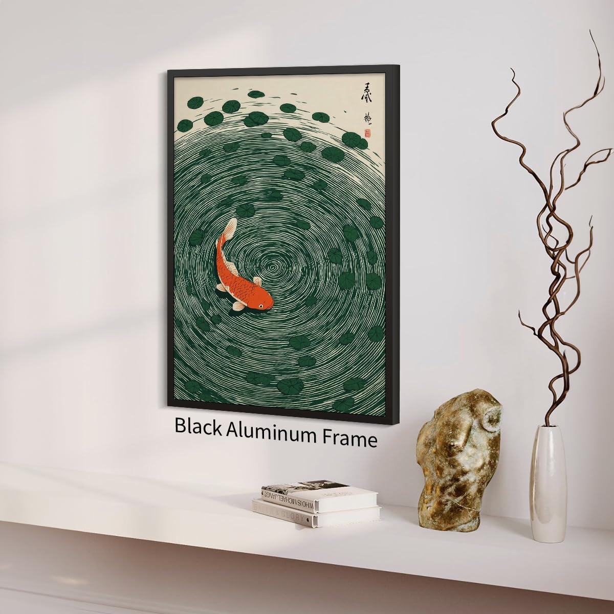 Japanese Koi Fish Black Framed Poster Oriental Asian Lucky Carp Canvas Wall Art 8x10 inch Retro Japan Room Aesthetic Print Minimal Green Painting for Zen Water Living Room Office Decor Ready to hang (Black Framed / Japanese Koi Fish / 10"L x 8"W)