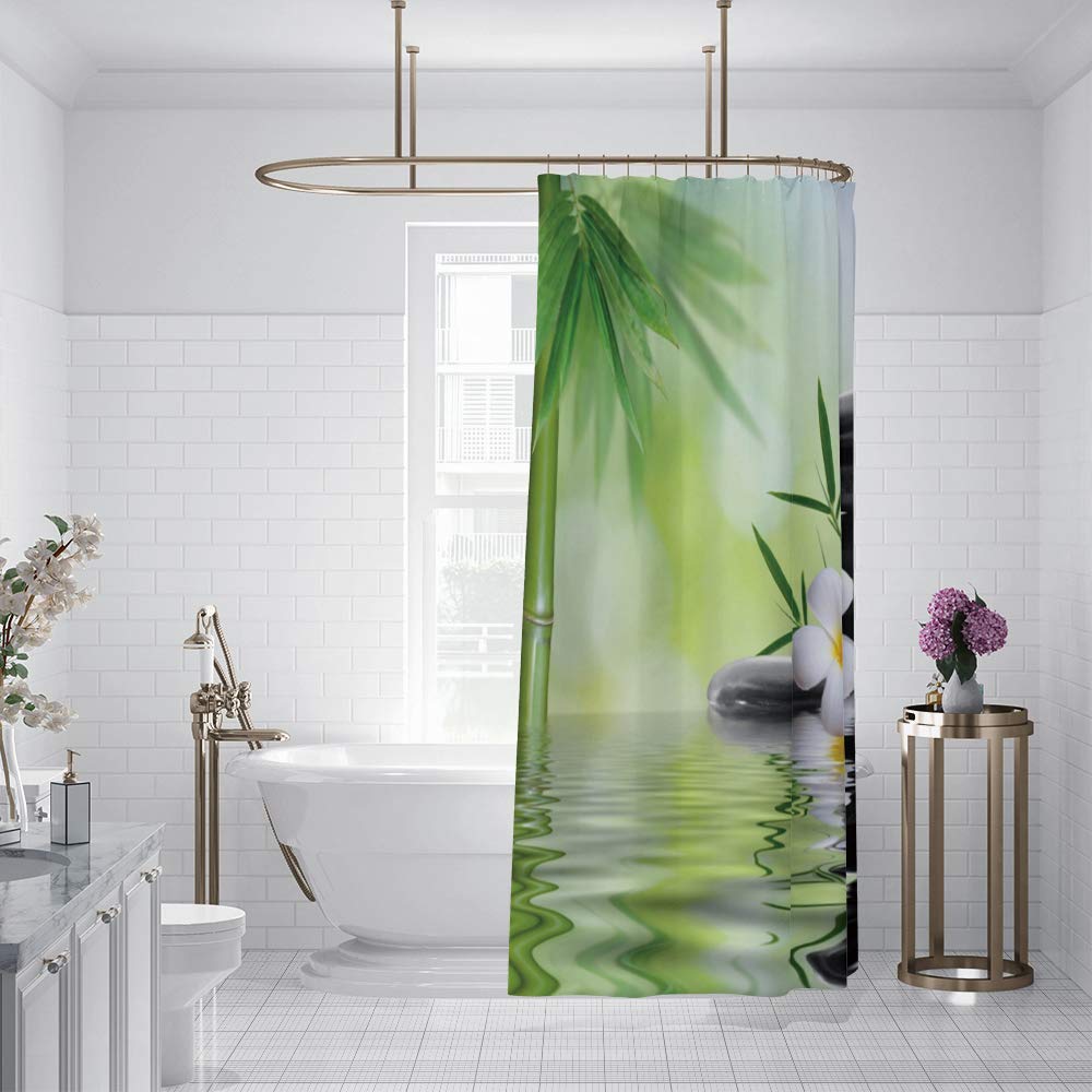 Spa Shower Curtain Meditation and Picture of Bamboo Stalks and Basalt Stones Theraphy Relaxing Waterproof Polyester Fabric Bathroom Decor Set with Hooks 72x84inch (72"W x 84"L (Pack of 1) / Green 03)