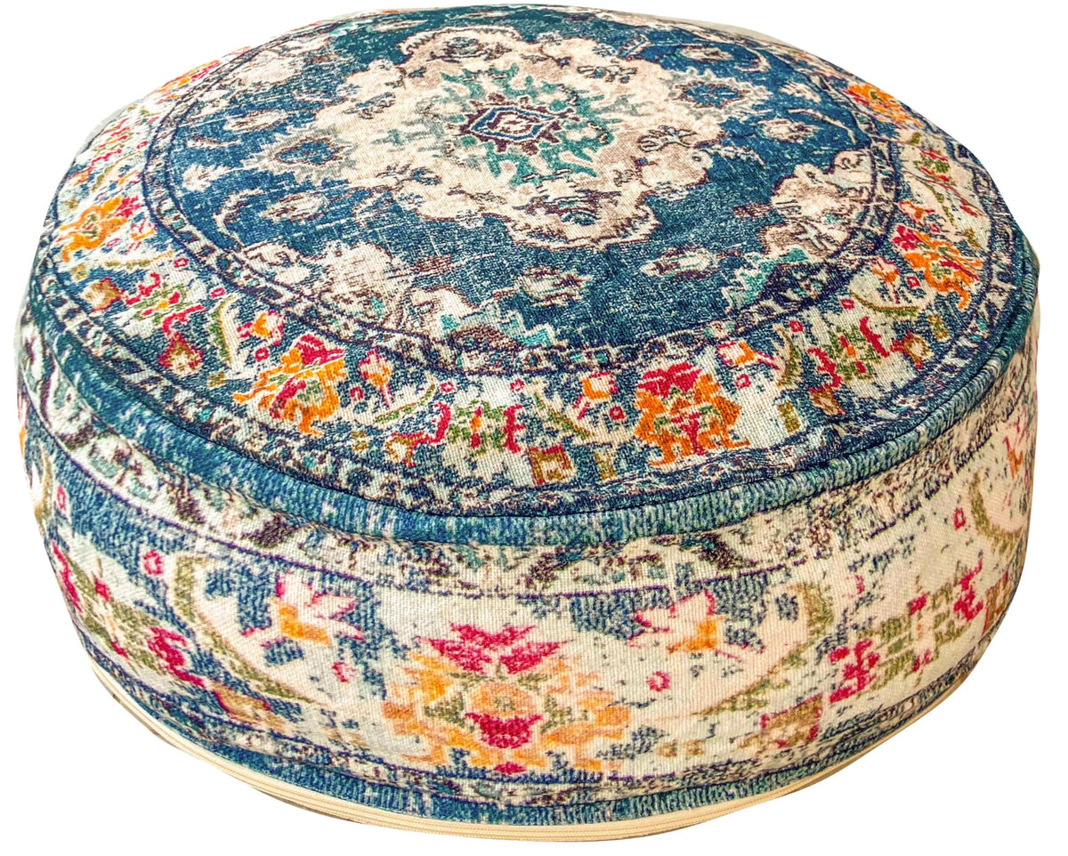 Moroccan Floor Pillow Cover Blue Round Floor Cushion Boho Room Décor Moroccan Seating Area Perfect Pouf Ottoman for Living (24x8 Cover Only / Blue)