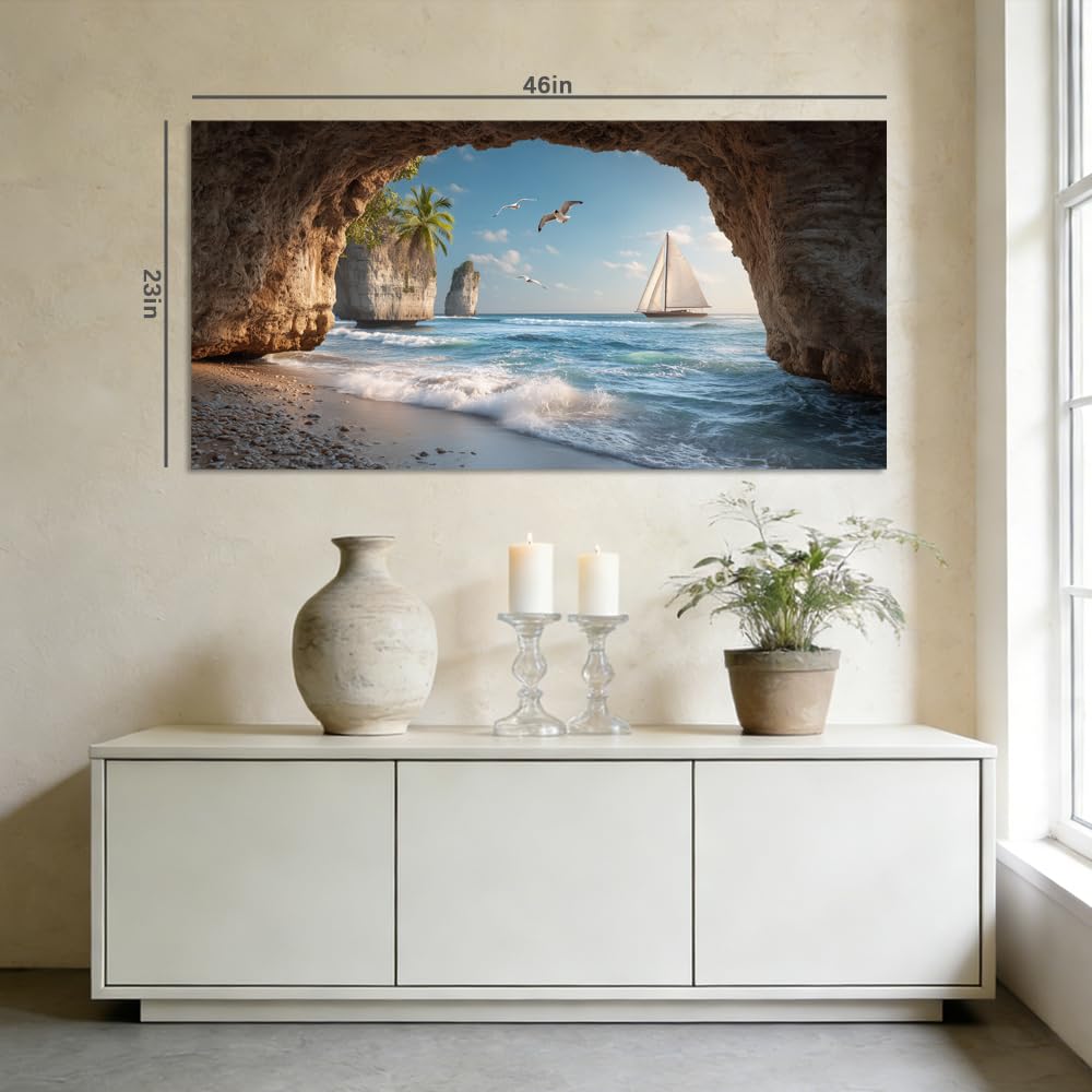 Scenic Ocean Cave View Canvas Wall Art Coastal Sailboat Tropical Island Beach Landscape Painting Gallery Wrapped Relaxing Nature Print Artwork for Living Room Bedroom Bathroom Decor (Coastal / Beach Cave Sailboat 34 / 58"L x 28"W)