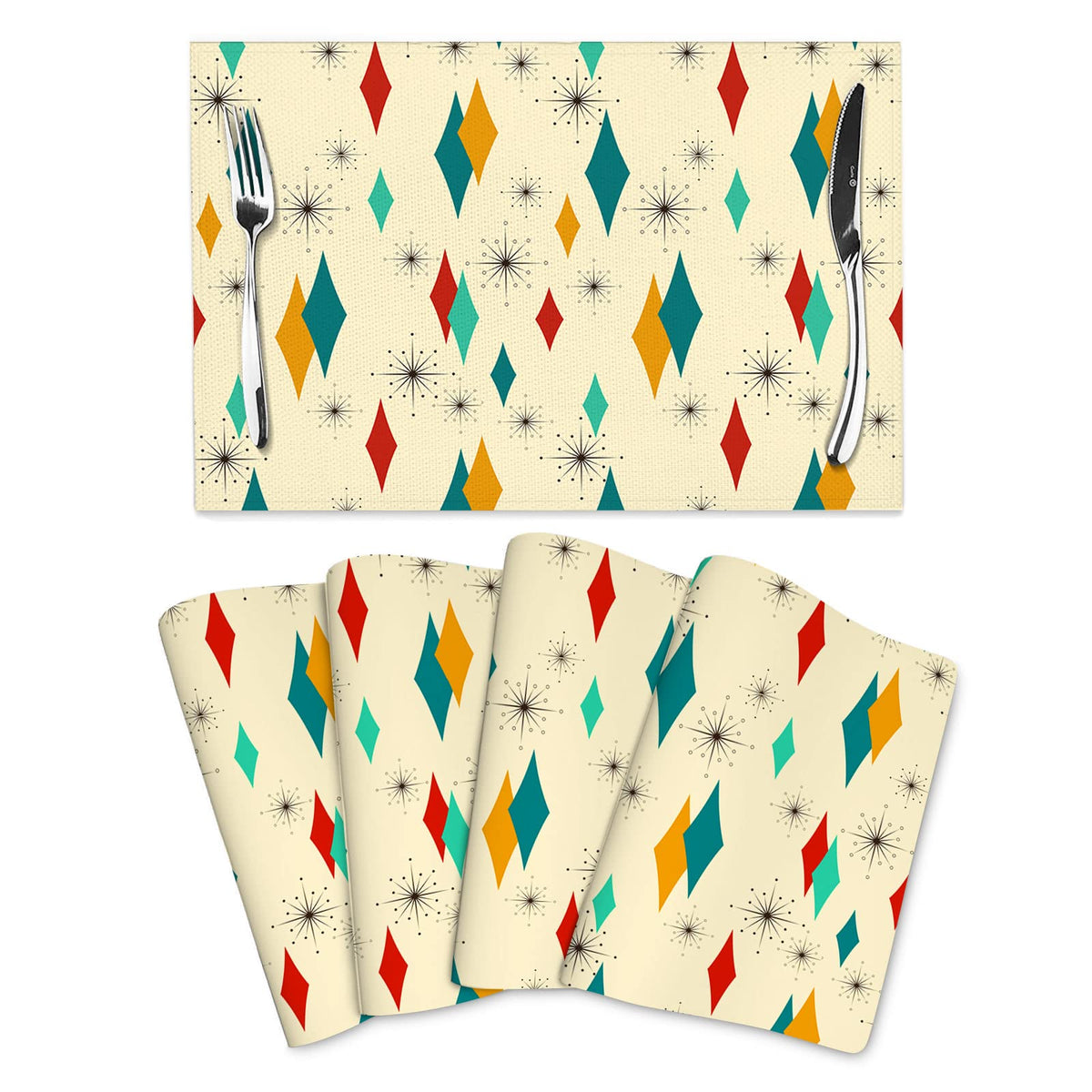 Mid Century Modern Placemats Set of 4 Retro Decor Table Mats for Kitchen Dining Table Holiday Party Heat Resistant Washable Farmhouse Yellow Place Mats (Mid Century Modern Retro / 4pcs - 12x18inch)
