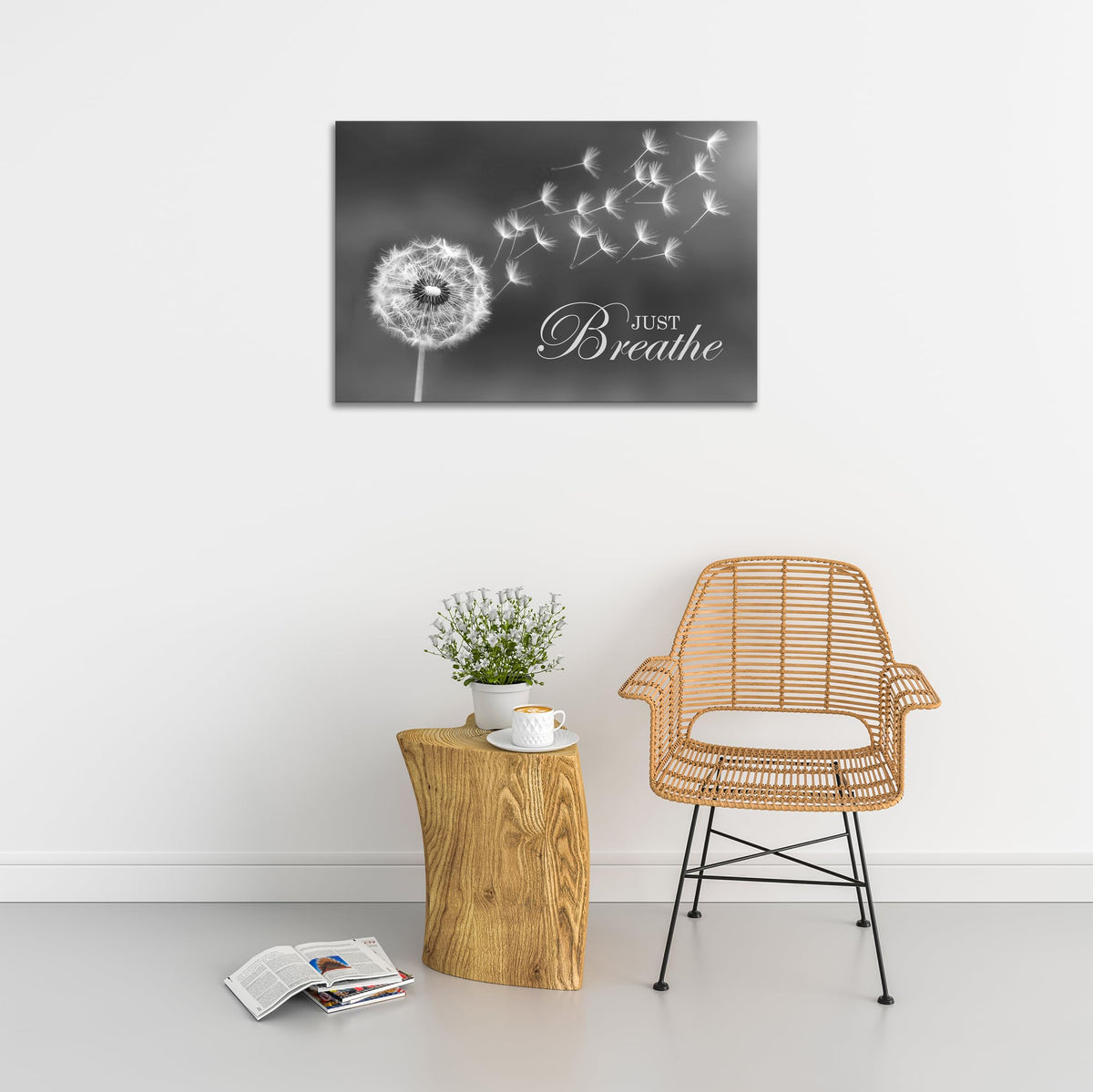 Black and White Dandelion Zen Wall Art Canvas Just Breathe Motivation Positive Picture Art Print for Spa Yoga Meditation Wall Decor Ready to Hang (16"L x 24"W / Dandelion-02)