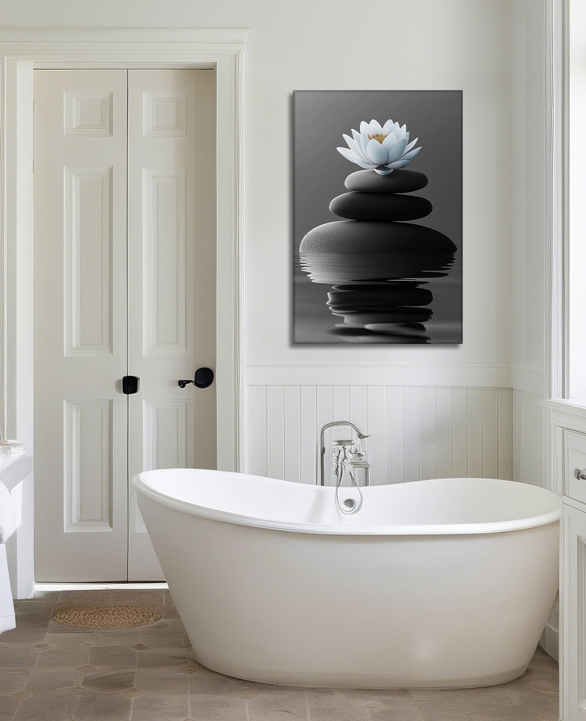 Zen Wall Art Bathroom Decor White Lotus Picture Black Spa Stones on Water Canvas Prints Relax Artwork for Yoga Meditation Room Home Decor Framed (Zen-1 / 42"L x 28"W)