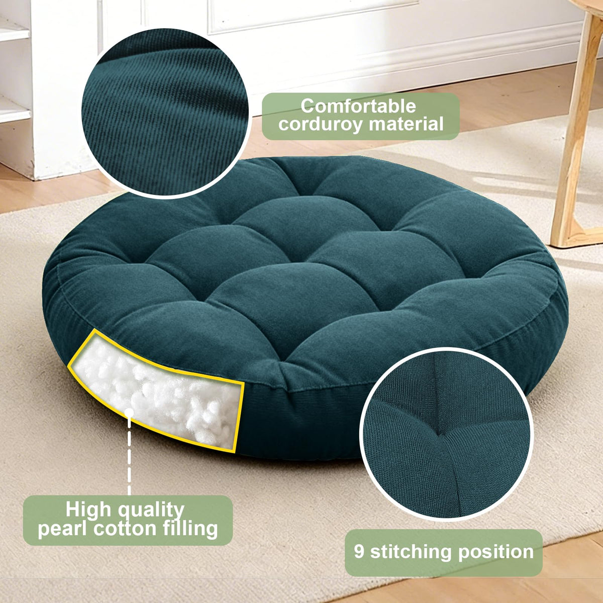 Floor Cushion Pillow Set of 2 Large Round and Square Floor Pillows for Adults Meditation Cushion Pillow Tufted Corduroy Cushions for Living Room Outdoor Yoga Tatami Fireplace (Blue)