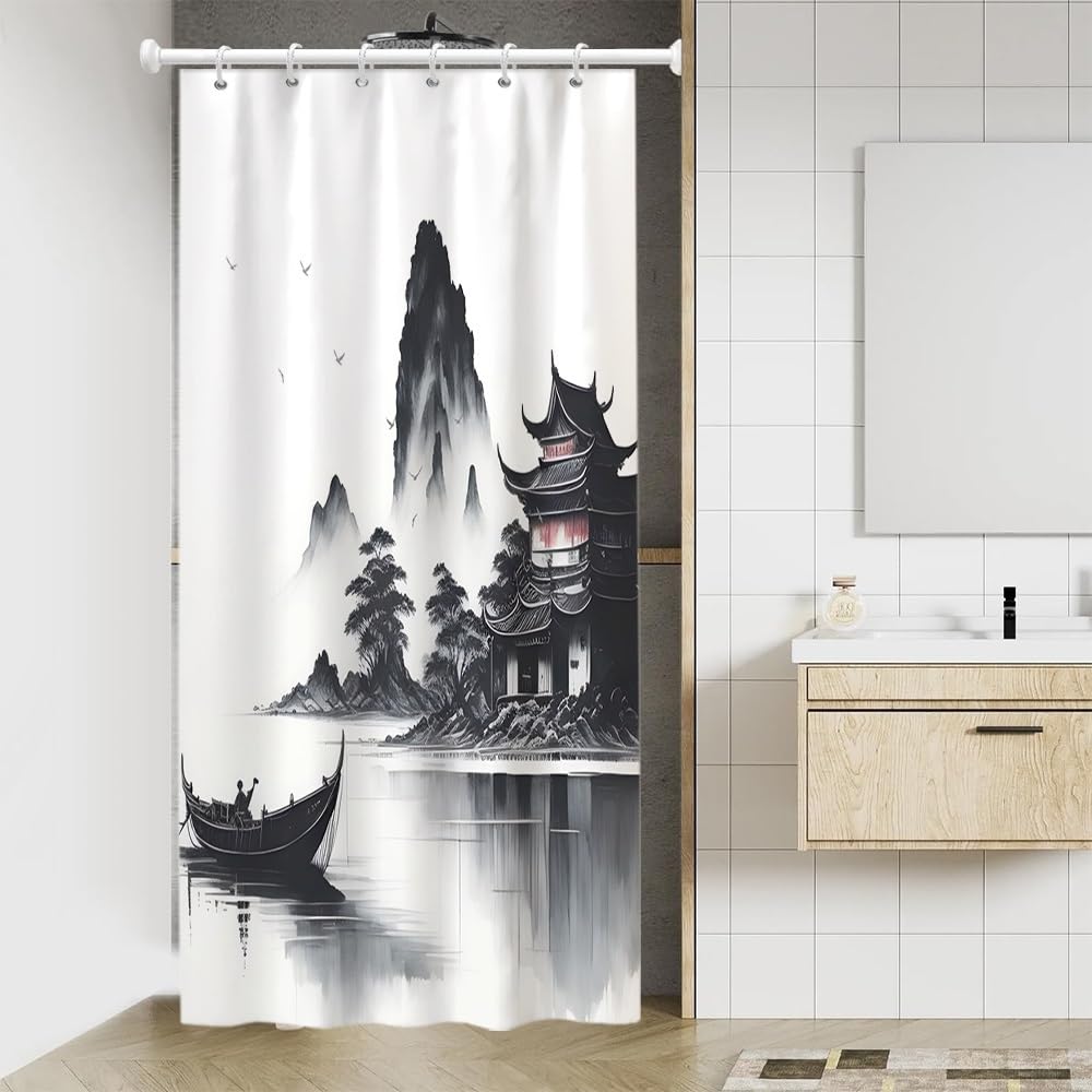Traditional Japanese Painting Shower Curtain Ink Painting Asian Oriental Abstract Art Shower Curtain Foggy Mountain Boat Wild Goose Outdoor Natural Scenery Bathroom Curtains 48x72 Inch (48"W x 72"L (Pack of 1) / Black-71)