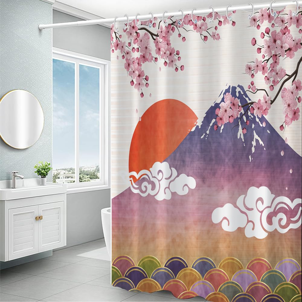 Japanese Cherry Blossom Shower Curtain Set for Bathroom Asia Cherry Blossom Shower Curtain Sun Clouds Pink Purple Fuji Mountain Sea Ocean Wave Spring Floral Flowers Waterproof Fabric (72"W x 84"L (Pack of 1) / Pink Purple)